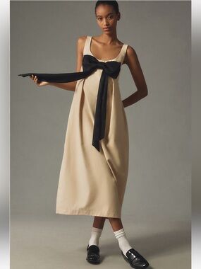 NWT retail $198 size S #Anthropologie Elegant Cream Midi Dress with Black Bow